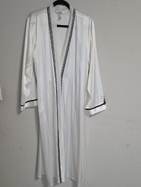 delicates White Satin Robe with Black Trim